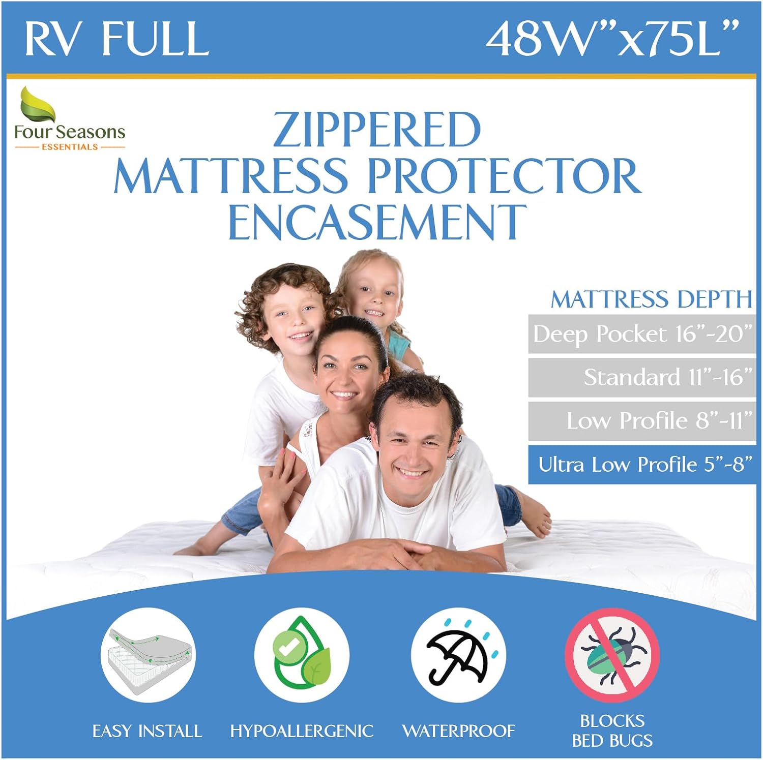 RV Short Full Mattress Protector - Waterproof Zippered Encasement