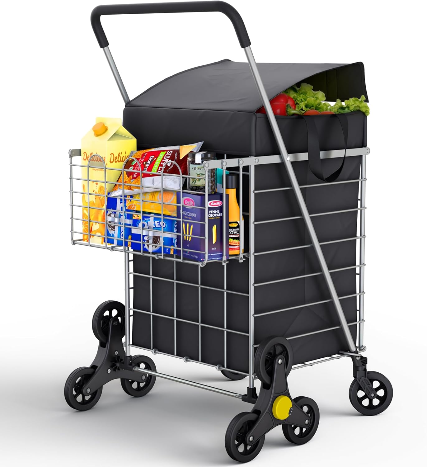 Stairs Climbing Shopping Cart with Waterproof Liner & Swivel Wheels