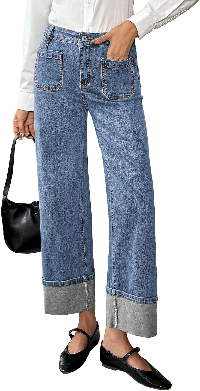 EVALESS Womens High Waisted Stretchy Cuffed Wide Leg Jeans