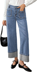 EVALESS Womens High Waisted Stretchy Cuffed Wide Leg Jeans Women's