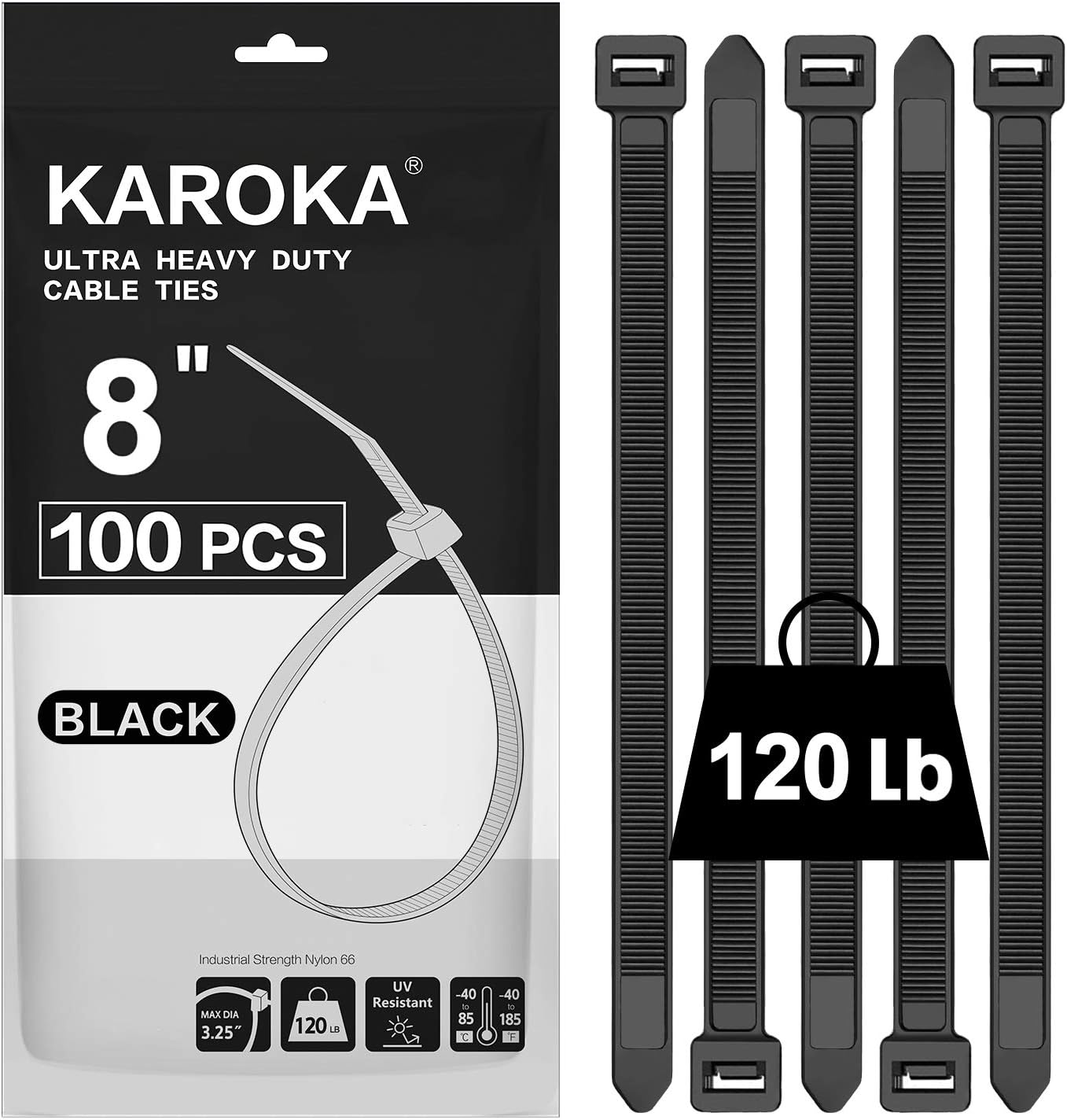 Strong 8 Heavy Duty Zip Ties - 120lb Strength - 100ct