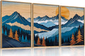Blue Woodcut Mountain Framed Canvas Wall Art Set - Boho Ridge Print
