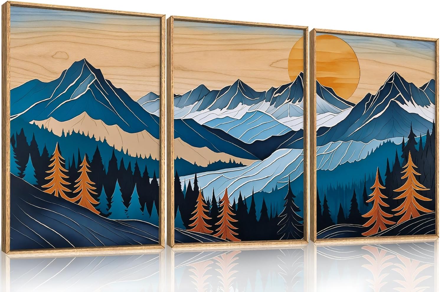 Blue Woodcut Mountain Framed Canvas Wall Art Set for Home
