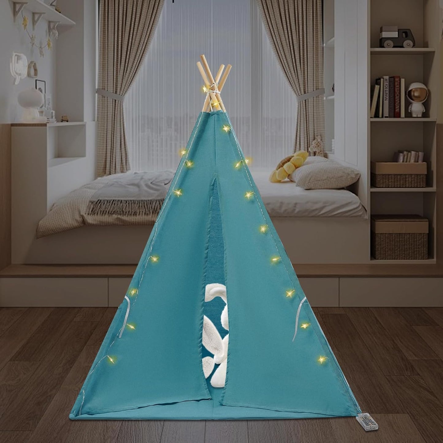 Foldable Blue Kids Teepee with Lights & Mat | LOHISHILO