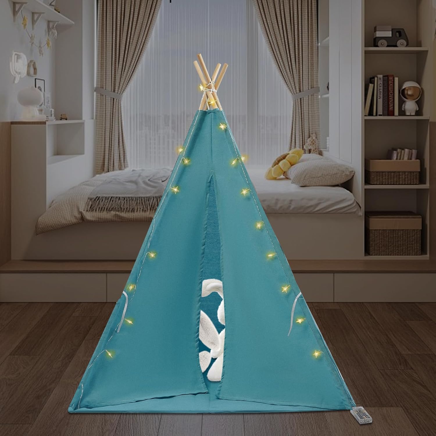 Foldable Blue Kids Teepee with Lights & Mat | LOHISHILO