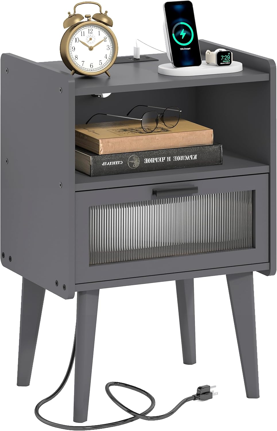Nightstand with Charging Station and 2 Tiers for Storage