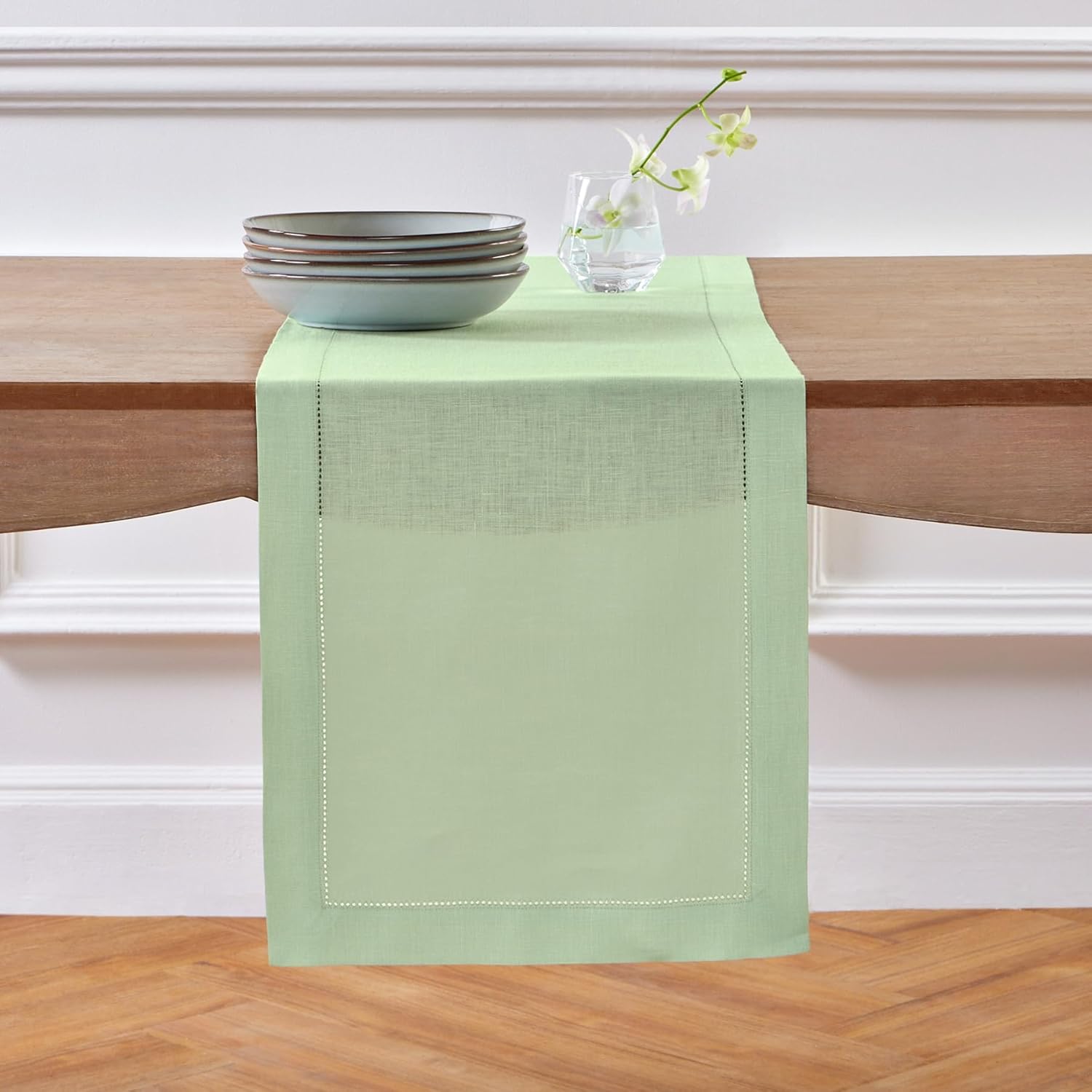 Elegant Light Green Linen Hemstitch Table Runner for Dining