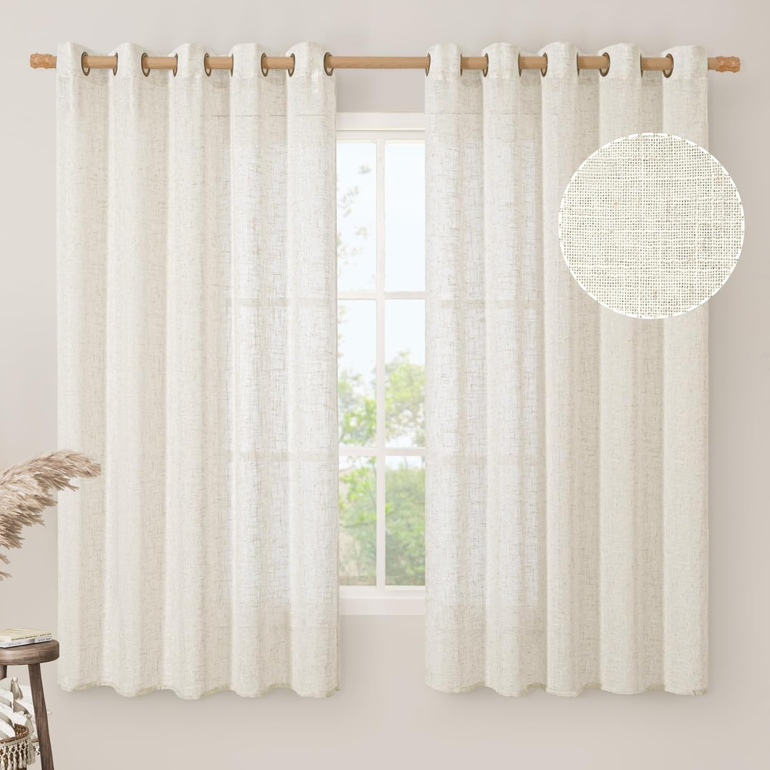 Natural Linen Curtains 63 Inch Length for Living Room Decor