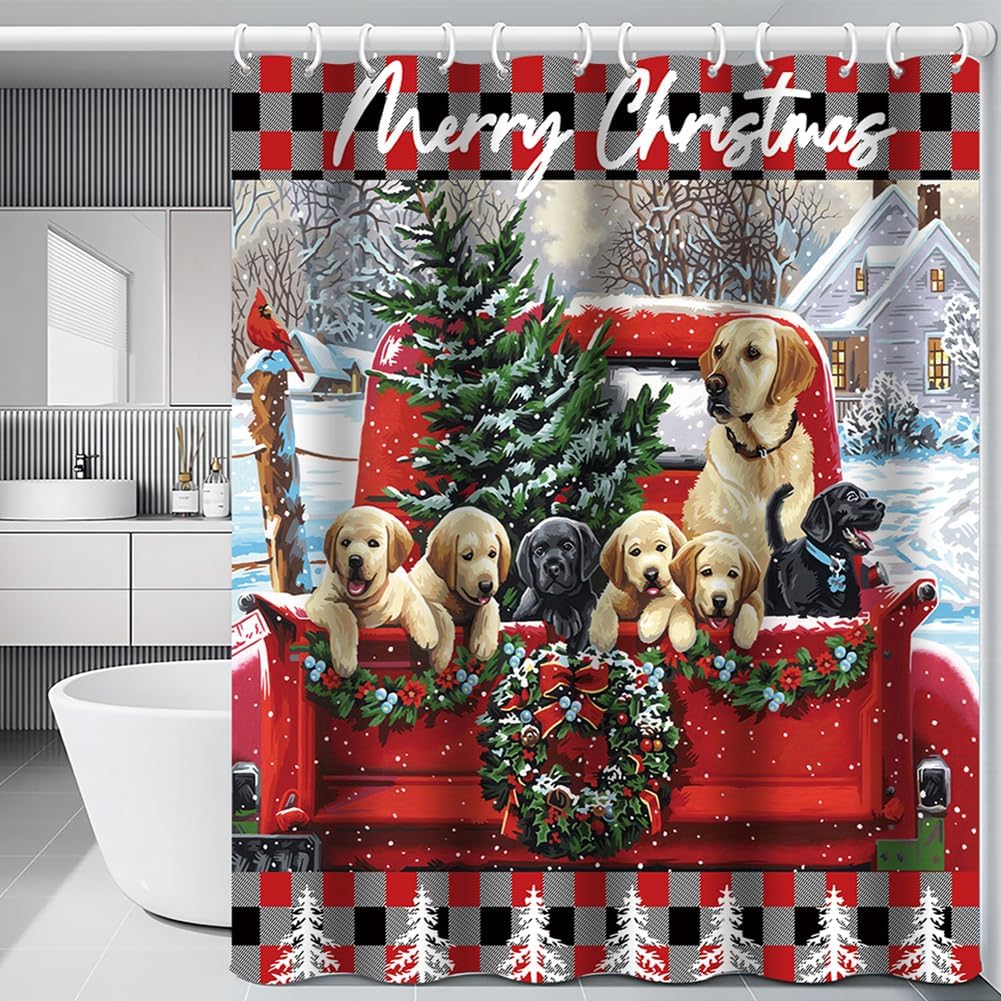 Cute Dog Christmas Shower Curtain Set