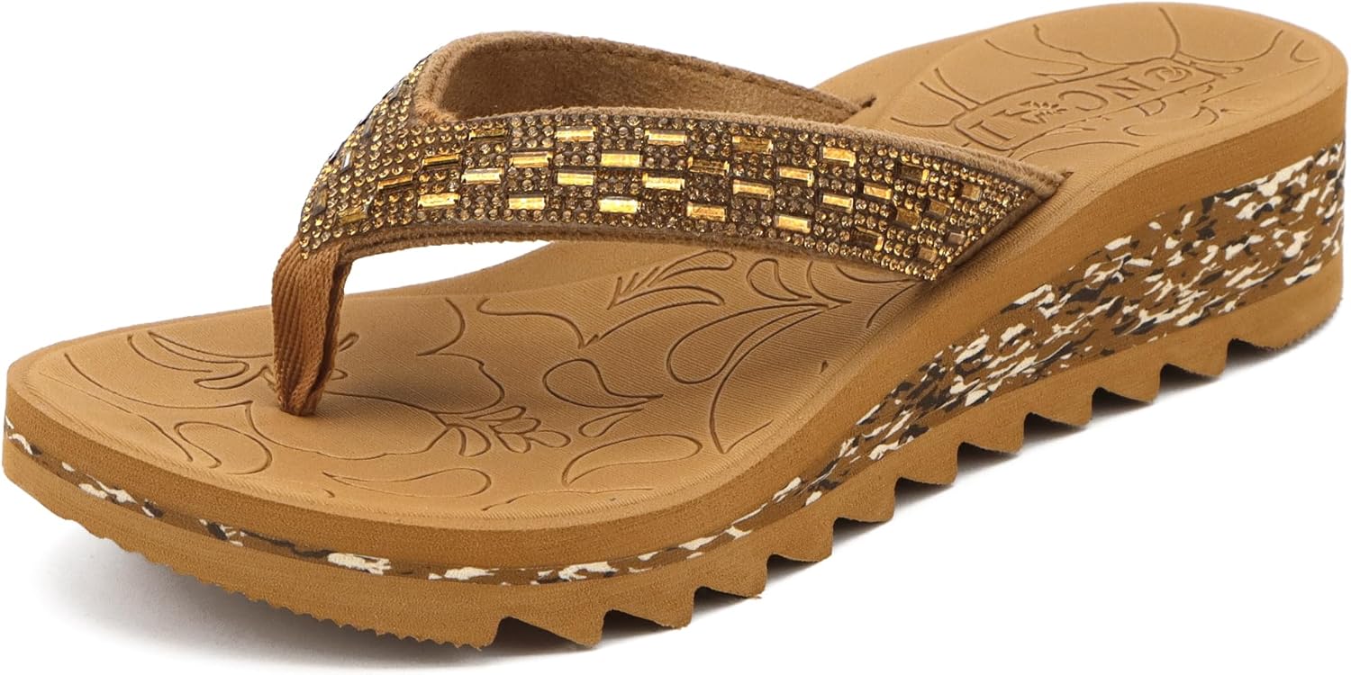 ONCAI Women's Wedge Flip Flops with Rhinestones for Comfort