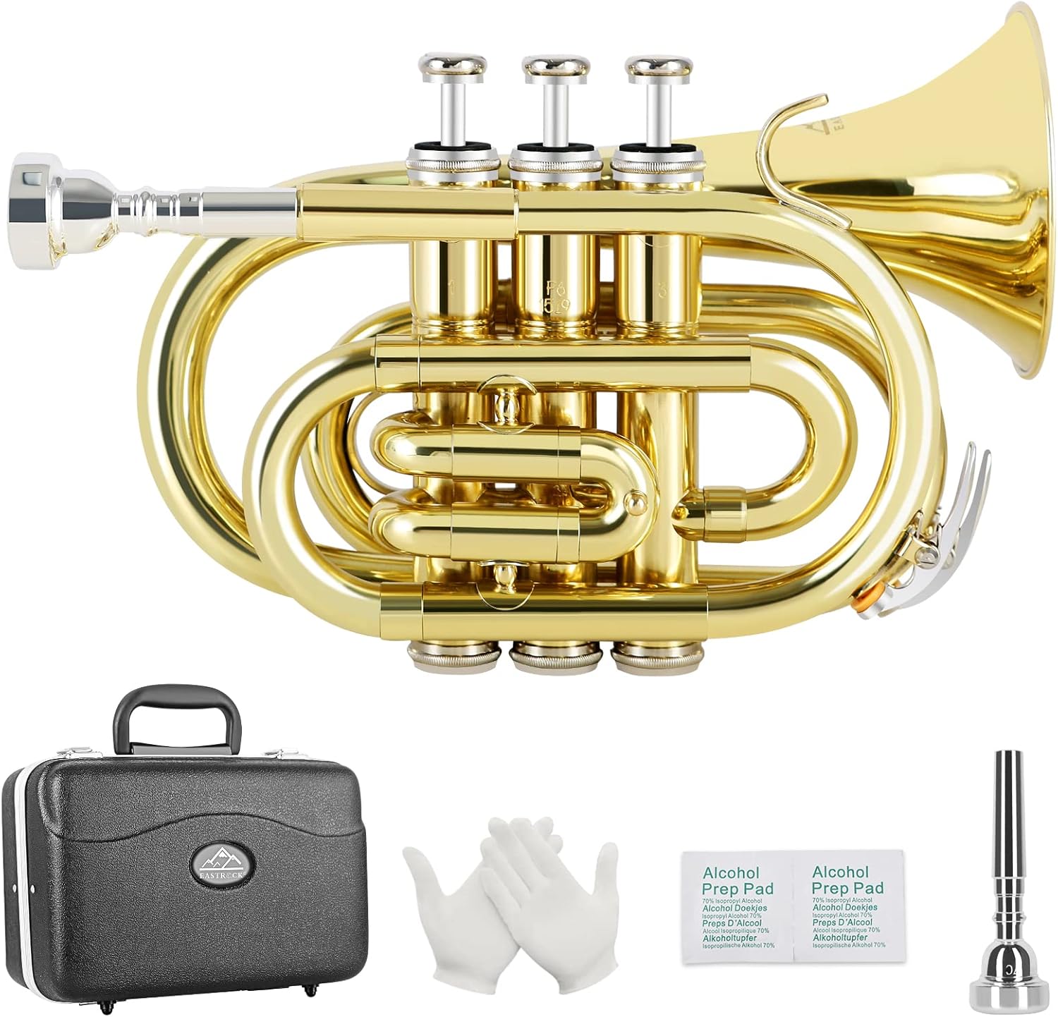 EASTROCK Pocket Trumpet Brass Bb Gold Lacquer Mini Trumpet
