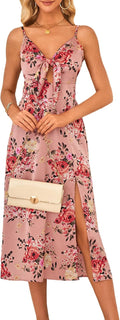 Spaghetti Strap Satin Midi Dress Tie Front Backless Split (Style R81F)