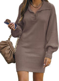 Women V Neck Knit Mini Sweater Dress - Soft Ribbed Long Sleeve