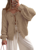 Women's Tie Front Bow Cardigan Chunky Knit Puff Sleeve - Cozy Fit