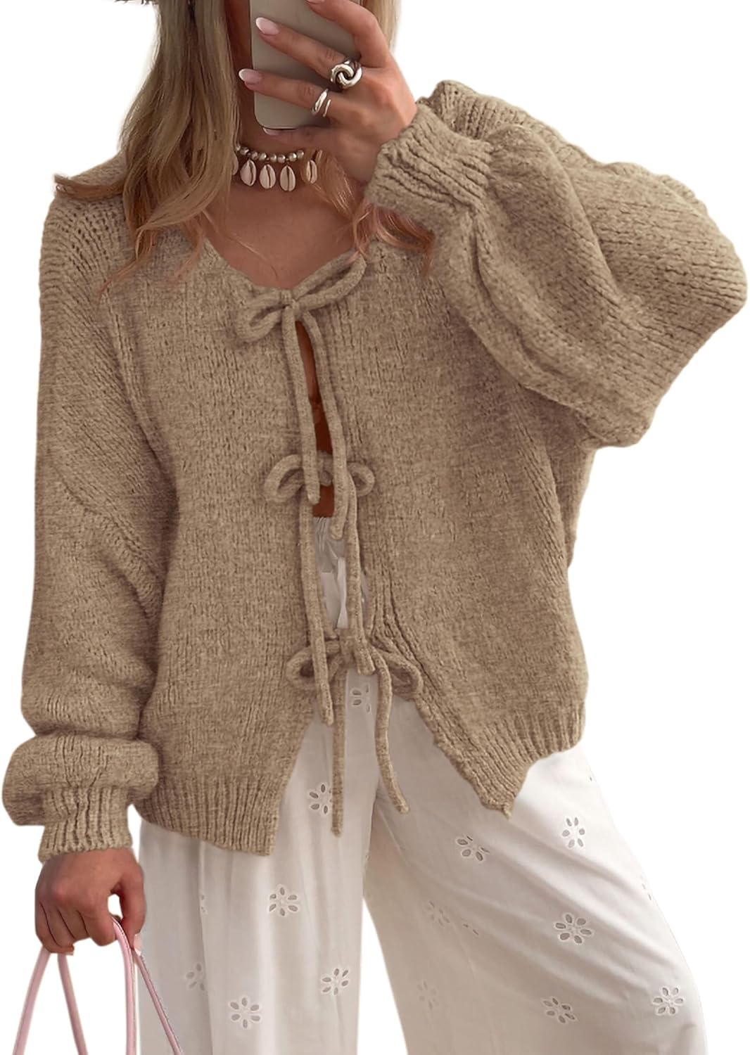 PRETTYGARDEN Women's Tie Front Bow Cardigan Sweater for Fall