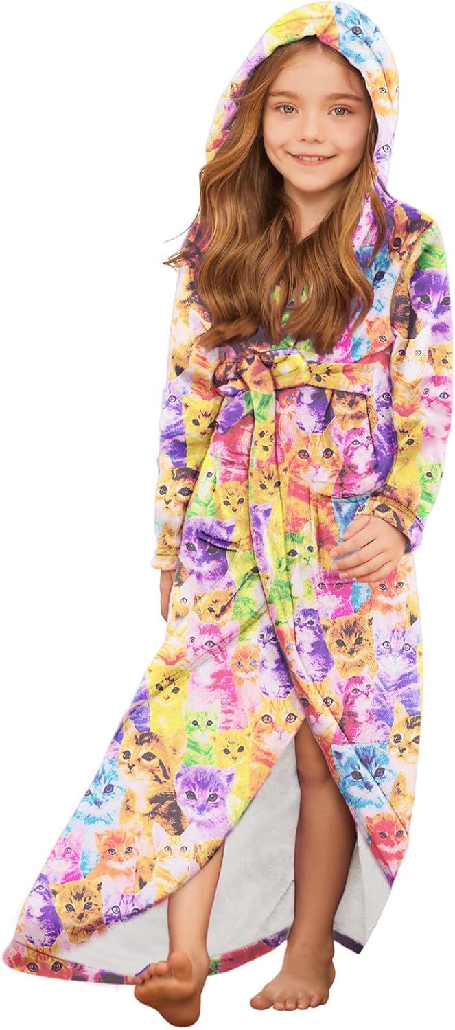 Jxstar Girls Bathrobes Long Hooded Plush Coral Fleece Sleepwear