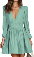 Mini Deep V Sexy Long Sleeve Dress - Flowy A-line Mini for Parties