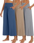 Wide Leg Cropped Pants for Women - High Waist 3 Pack Lounge Pants