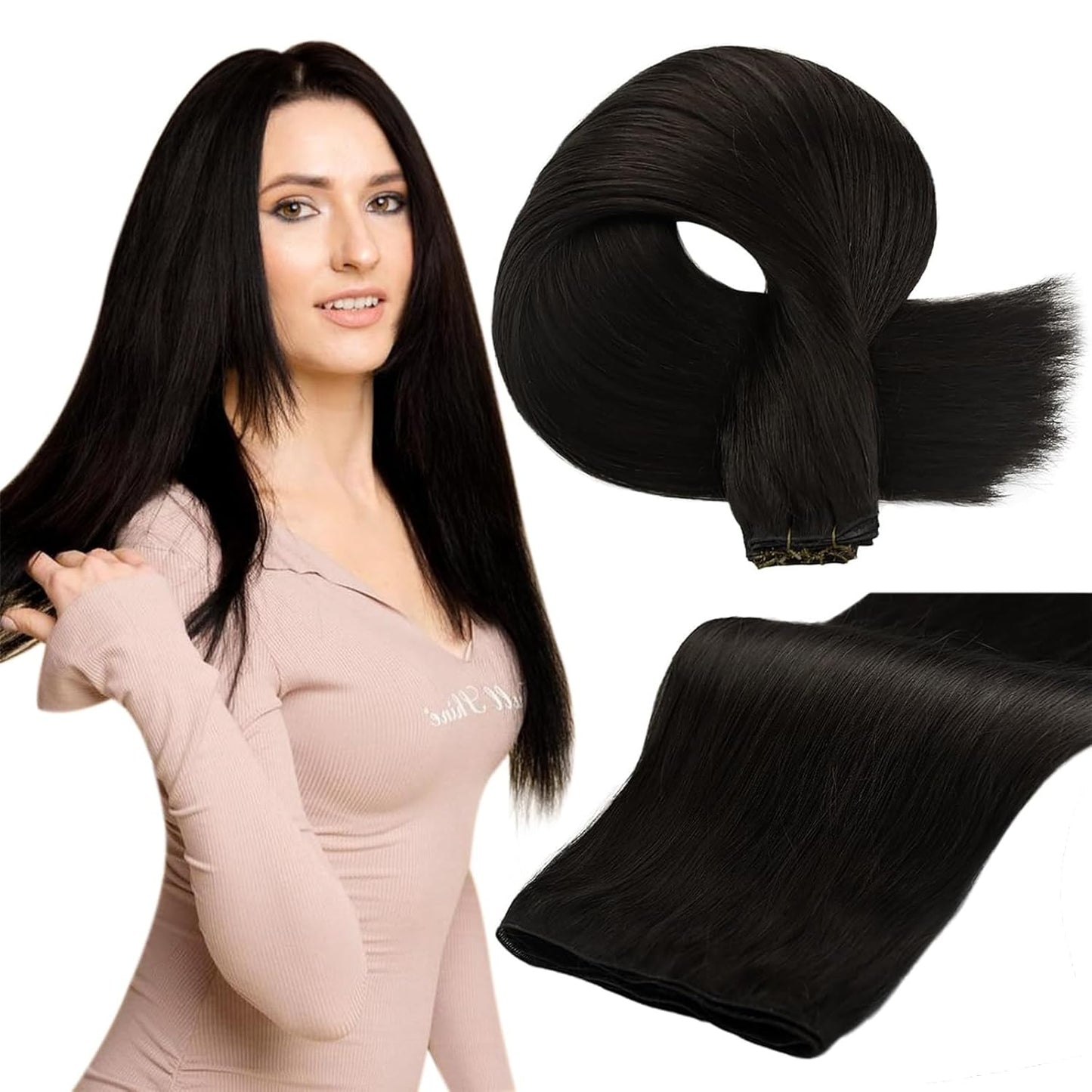Full Shine Black Sew in Hand Tied Weft Hair Extensions 22 in