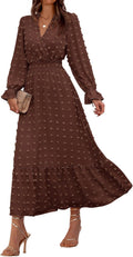 Women Fall Maxi Dress 2025 V Neck Swiss Dots - Flowy Ruffle Maxi Hem