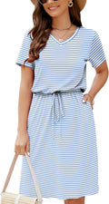 Women Summer Casual Midi Dress V Neck with Drawstring Waist - Knee