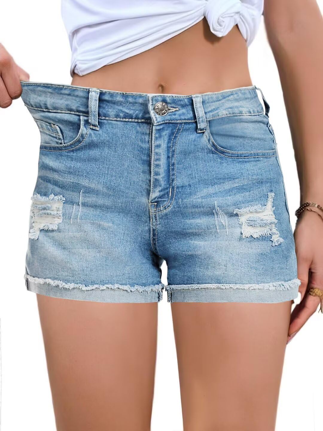 FEKOAFE Womens Casual Mid/High Waisted Denim Shorts for Summer