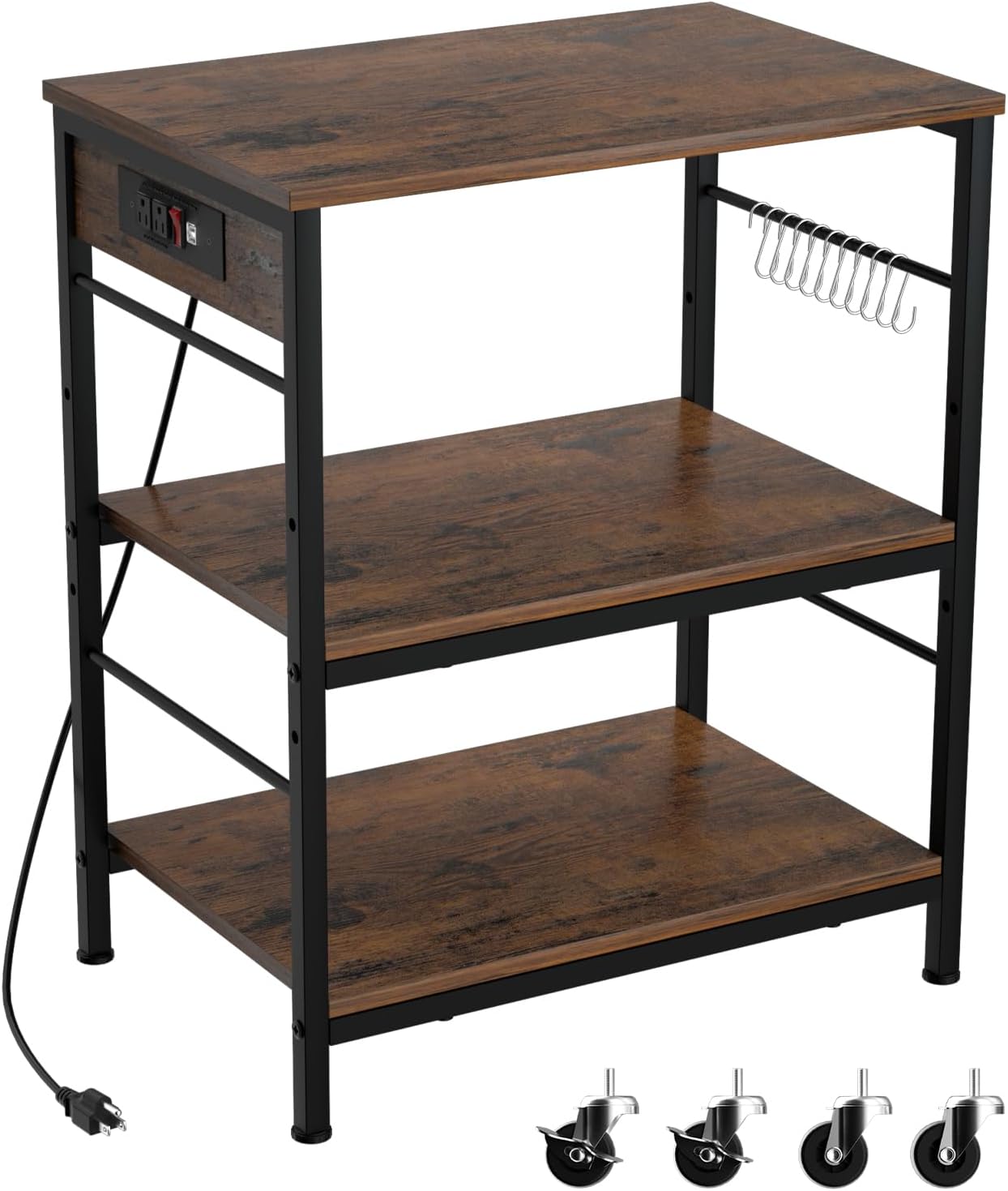 Bakers Rack with Power Outlet & 10 Hooks - Kitchen Storage Solution!