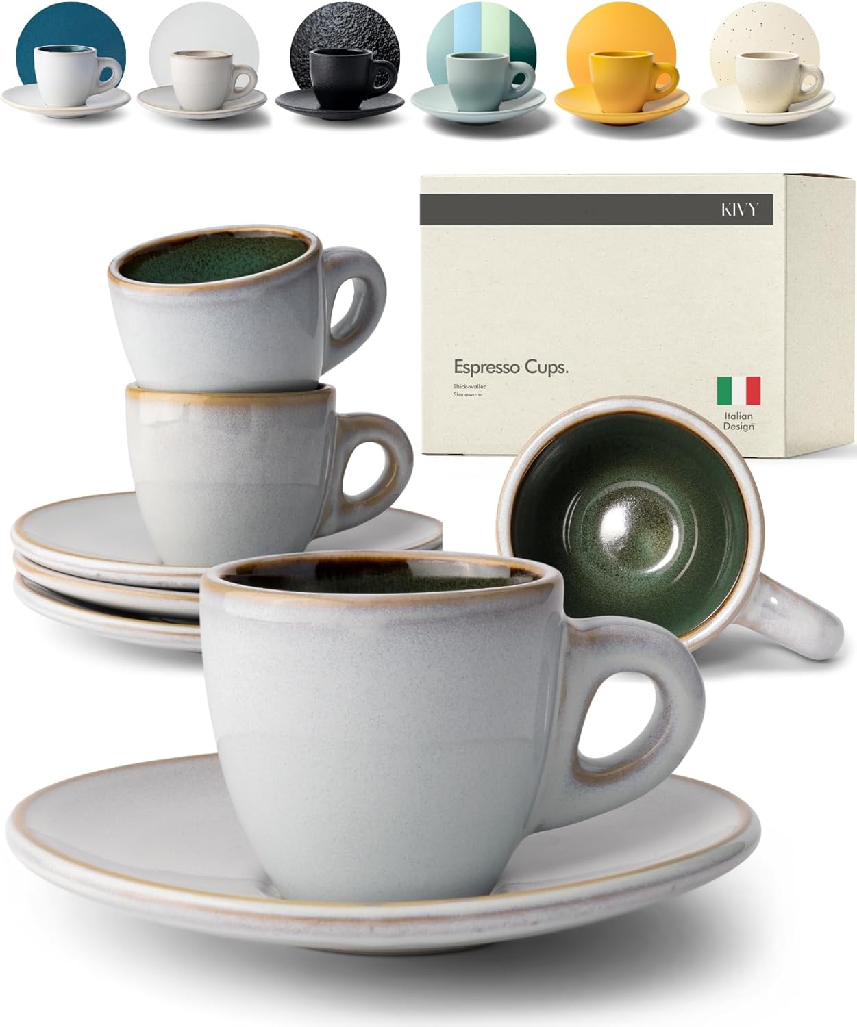 KIVY Stoneware Espresso Cups Set - Italian Design, 3 oz Size