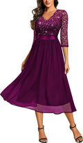 Miusol Elegant V Neck Sequin Lace Sleeve A-line Dress - Versatile