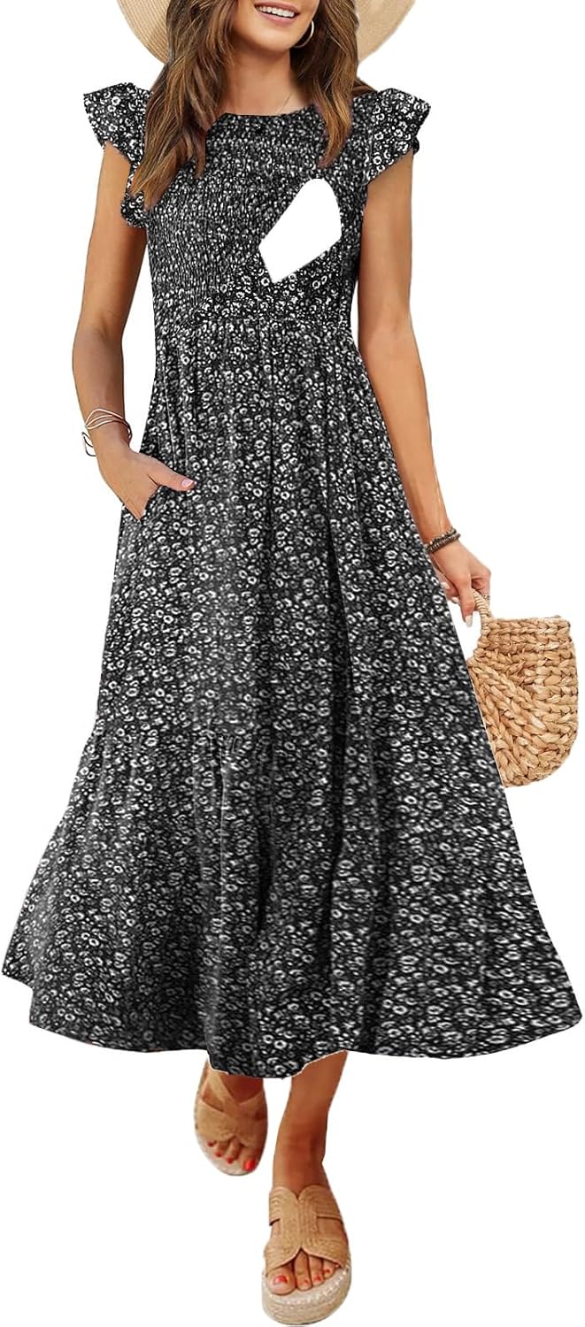 Women's Nursing Dress Flutter Short Sleeve with Pockets