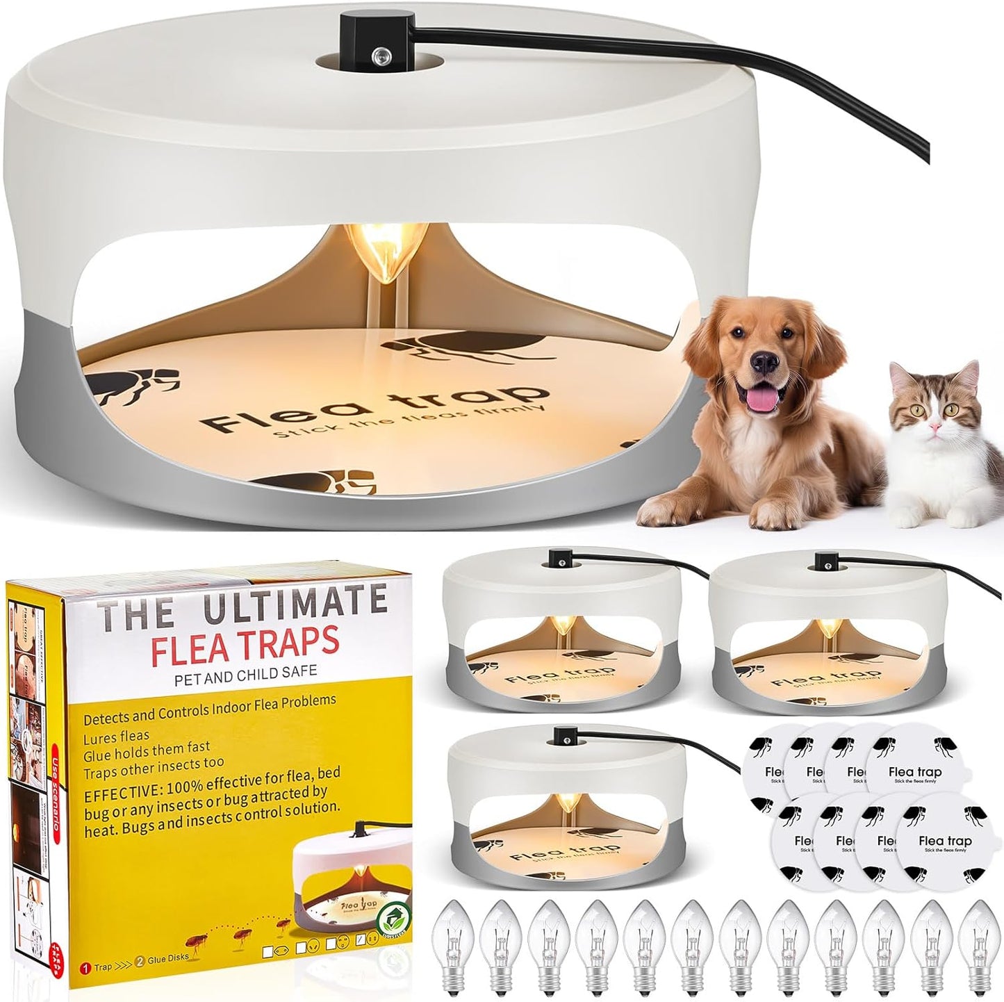 4 Packs Flea Traps for Home with Bulbs and Sticky Discs