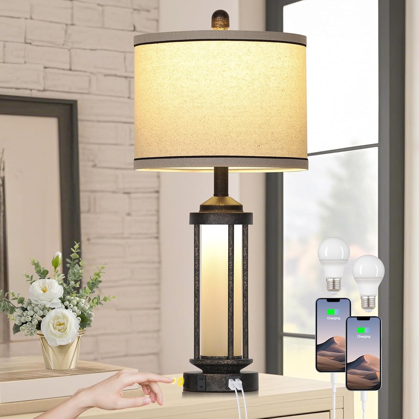 27 Inch Industrial Farmhouse Table Lamp with USB Charging Ports