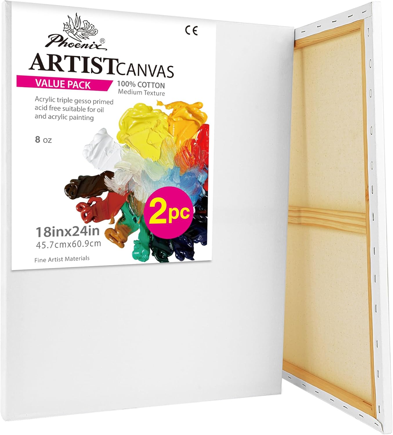 PHOENIX 18x24 Inch Canvas Pack of 2 for Painting Projects