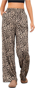 Women's Leopard Print High Waist Wide Leg Pants - Comfortable Casual