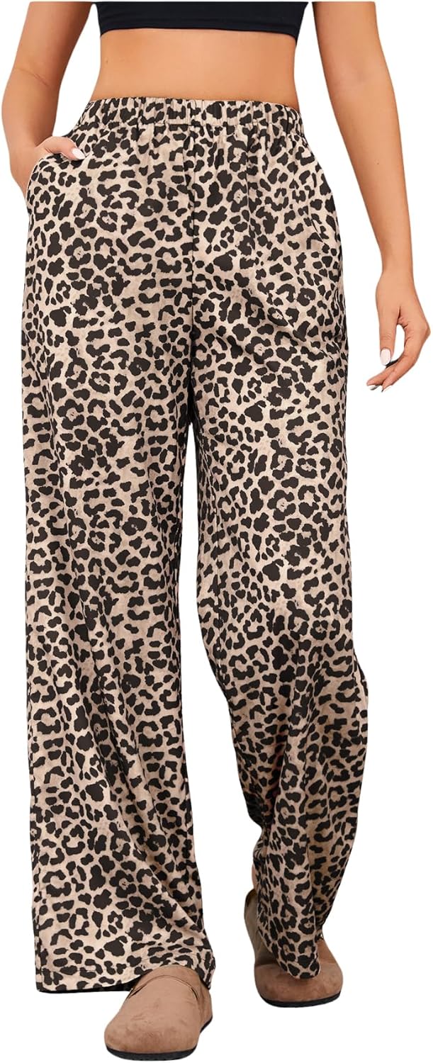 OYOANGLE Women's Leopard Print High Waist Long Pants for Style