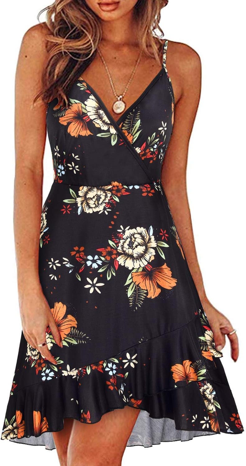 ULTRANICE Womens Summer Dresses Floral V Neck Ruffled Hem Style