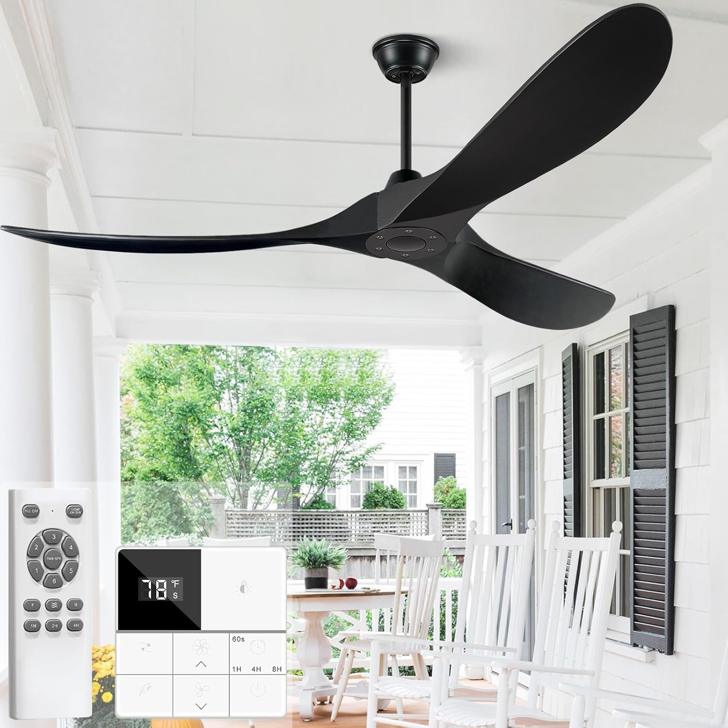 60 Inch Ceiling Fan Without Light, Solid Wood Blades, Quiet DC Motor
