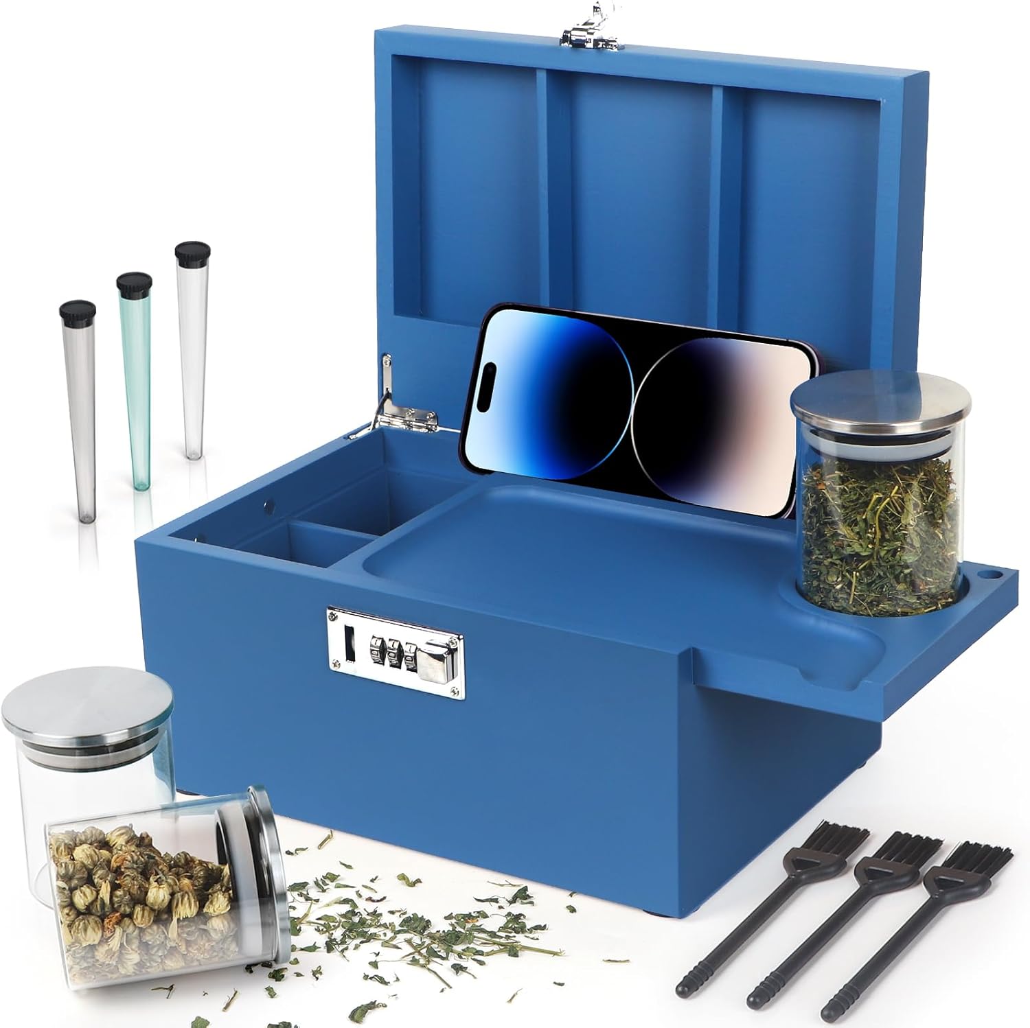 Large Blue Bamboo Box with Combination Lock for Storage Needs