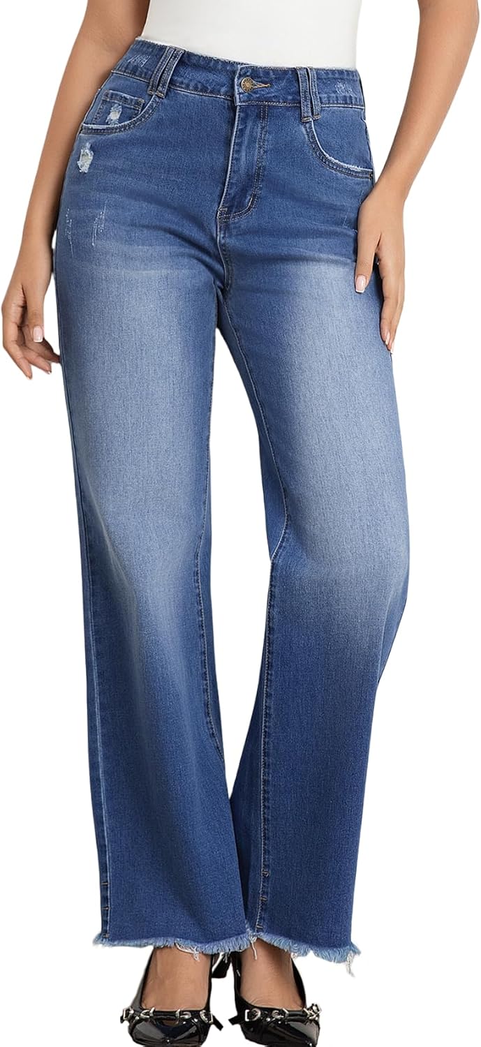 Wide Leg Jeans for Women with Frayed Hem - Stylish Comfort