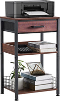 Walnut Printer Stand with Fabric Drawer - Compact 3 Tier Printer Table