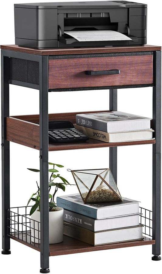 Lerliuo Walnut Printer Stand with Fabric Drawer for Home Office
