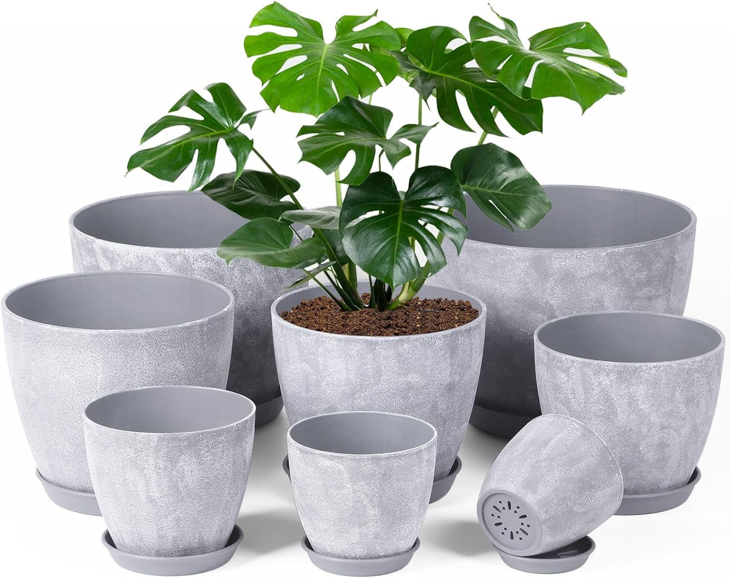 Set of 8 Plastic Planters with Drainage for Indoor Plants