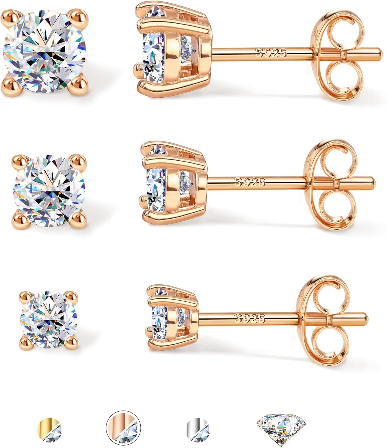 3 Pairs Moissanite Earrings Studs in 14K Gold Plated Silver