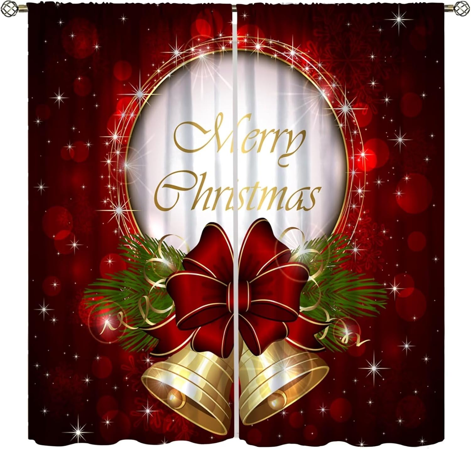 Christmas Glitter Jingle Bells Curtains - Festive 84x84 Drapes