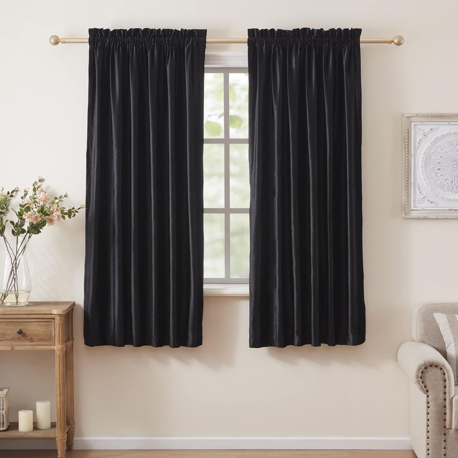 PRIMROSE Black Curtains 63 inch Velvet Blackout Drapes Set