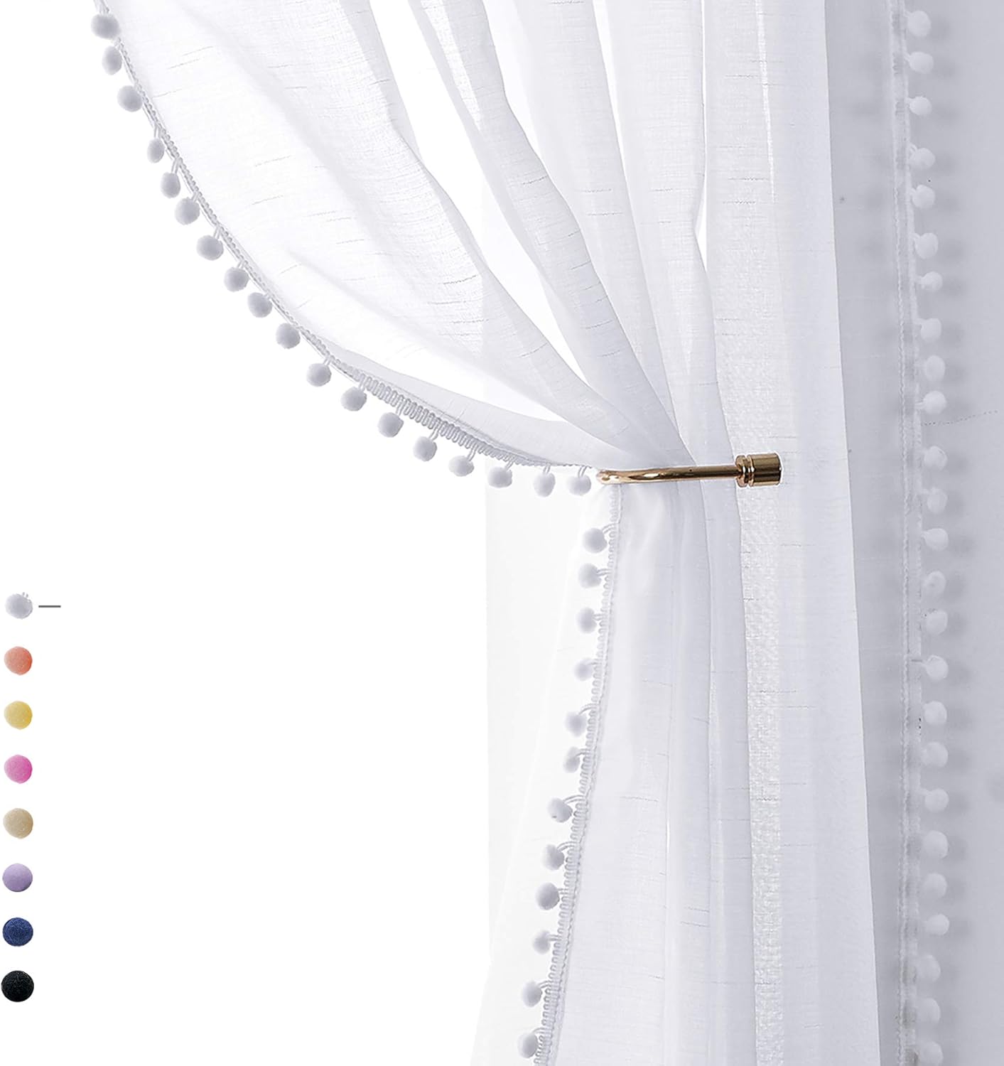 Pompom Sheer White Curtains for Living Room by Treatmentex