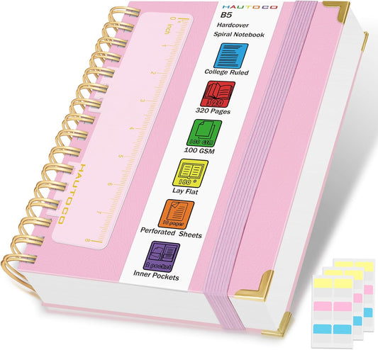 HAUTOCO B5 Pink Leather Notebook: 320 College-Ruled Pages
