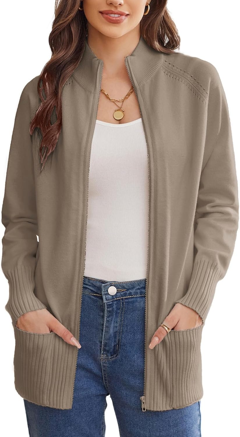 GRACE KARIN Womens Long Sleeve Zip Up Knit Cardigan with Pockets