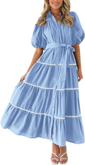 PRETTYGARDEN Women's Button Down Ruffle Maxi Dress - Flowy Comfort