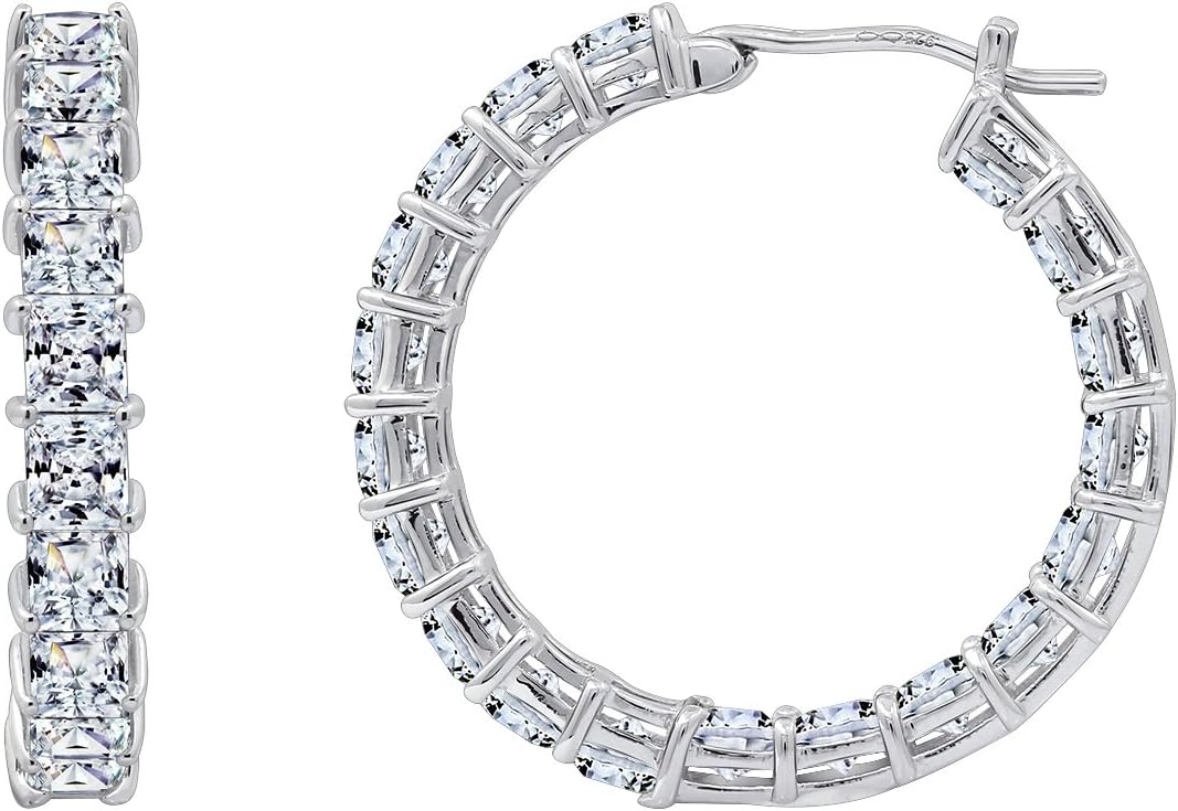 Platinum Plated Sterling Silver Hoop Earrings with Cubic Zirconia